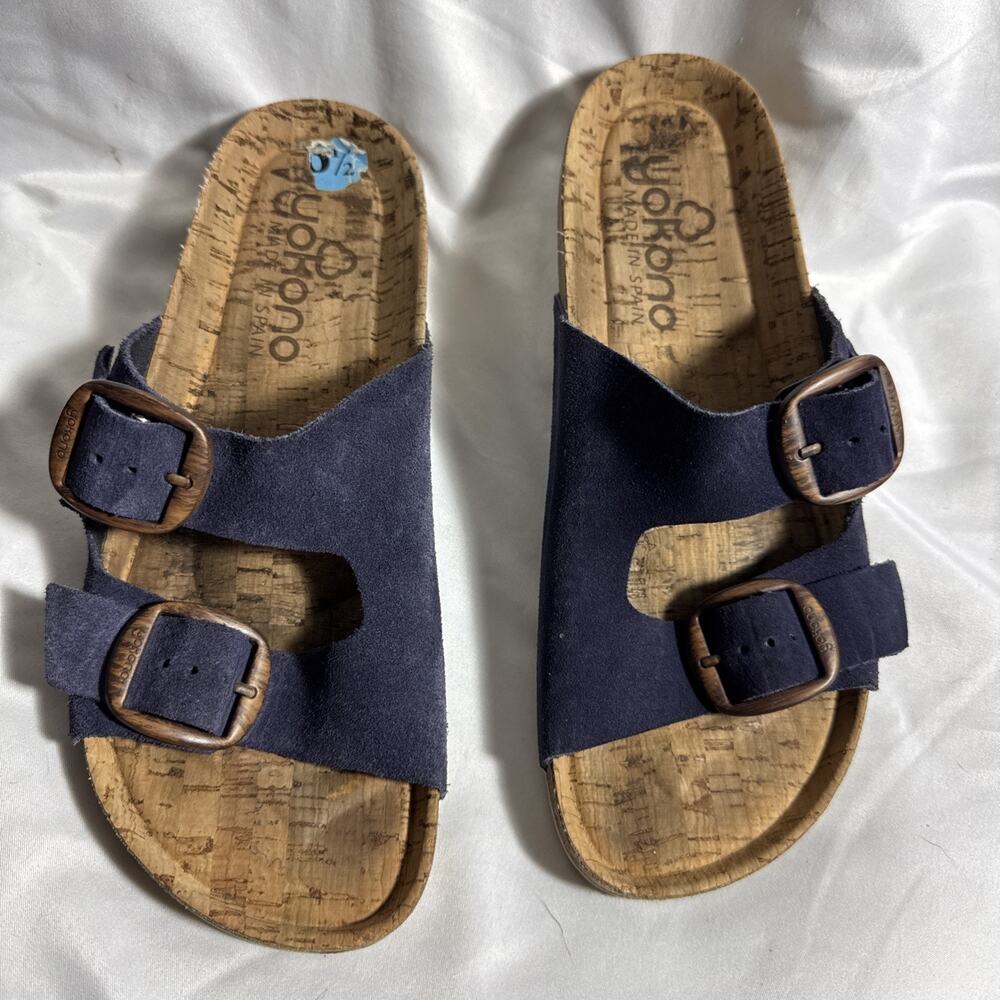 YOKONO Double Buckle Strap Sandal Women's Size 6.5 Blue Suede Slide Cork Shoe